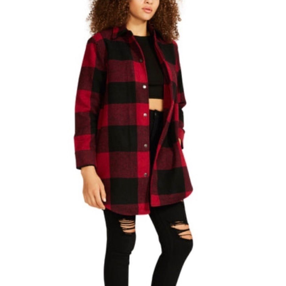 Checker Women's Jacket - Red and Black Button Down Wool Jacket - Size XS